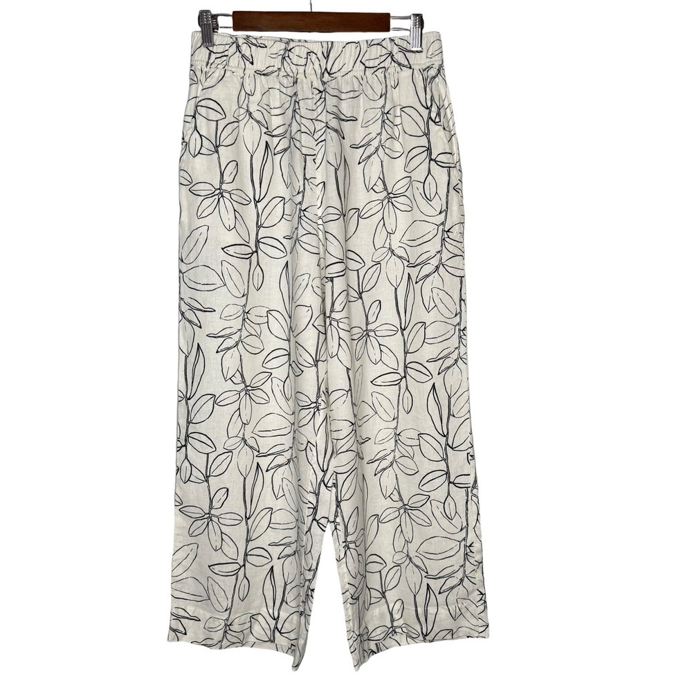 Cynthia Rowley Linen Wide Leg Crop Pants Medium White Black Leaf Print Pull On